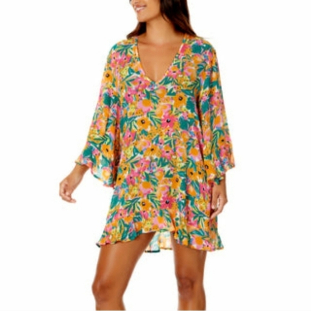 Anne Cole Rayon Swimsuit Cover Up, Floral, Sz M, 21" PTP, 32" L